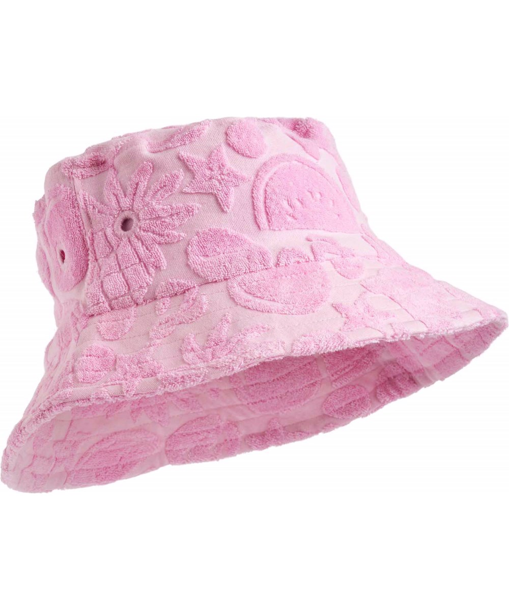 Siks - Fruity Towelling - Rosa buckethatt för barn i mjuk bomullsfrotté med ett mönster av exotiska frukter.
