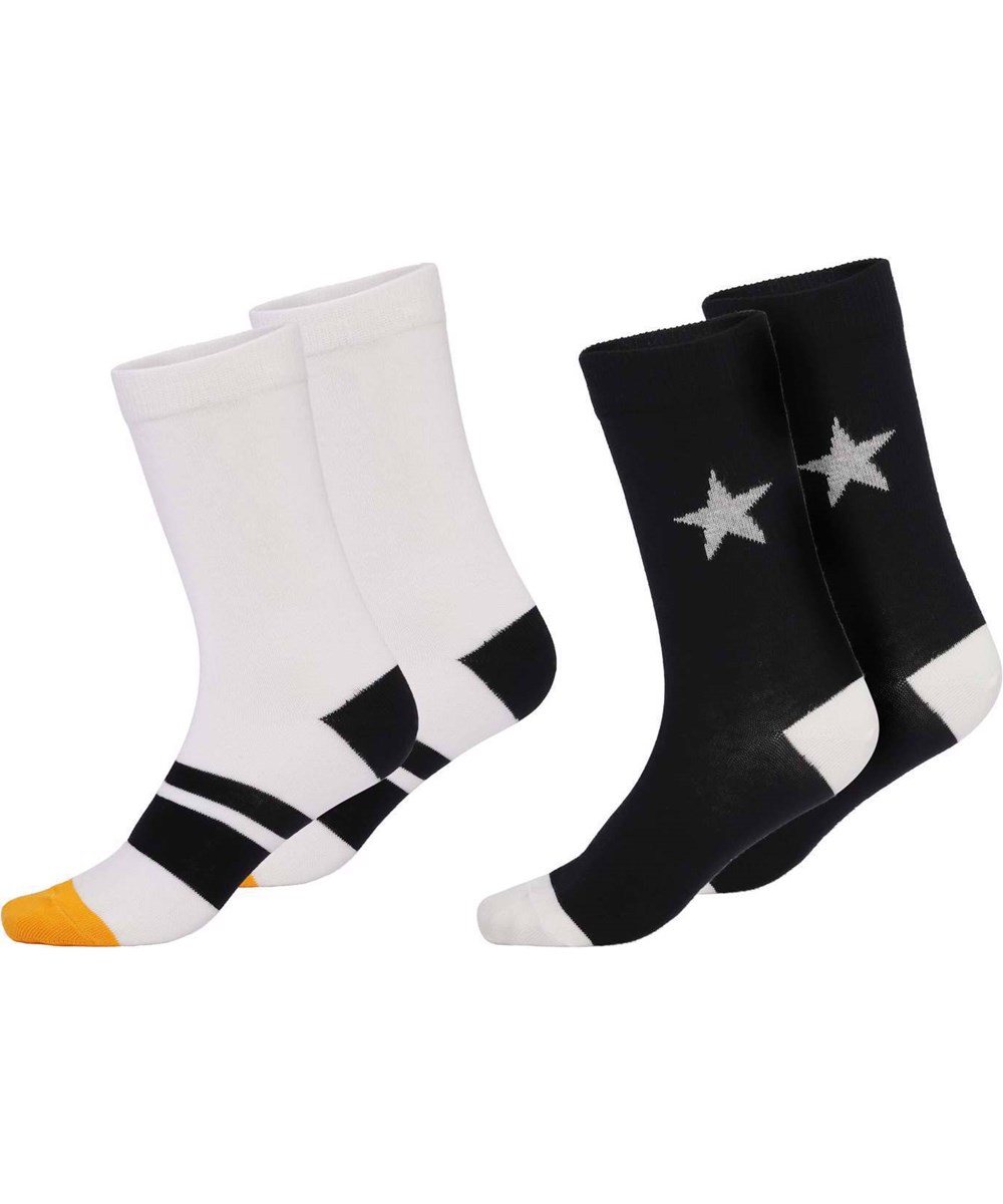 Nitis - Black - Två par Oeko-Tex strumpor i vit och svart med ränder och stjärnor.