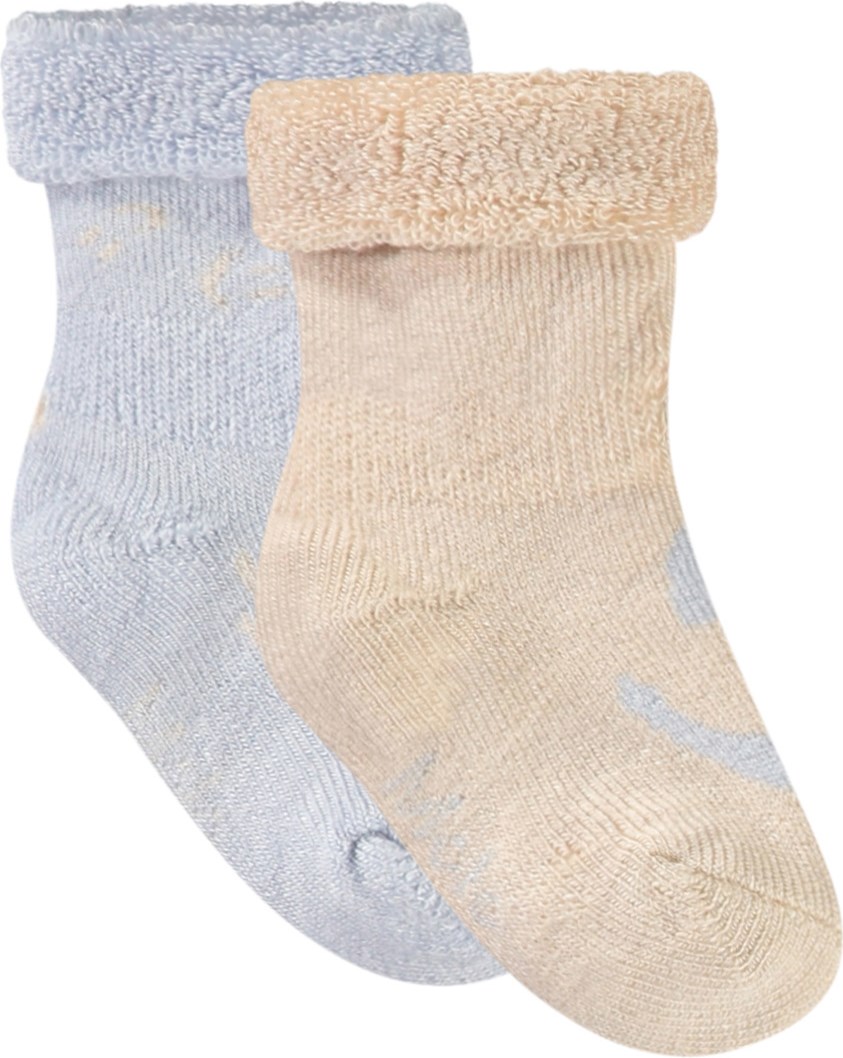 Nodda - Skywriting - 2-pack babysockor i viskos. Strumporna är vita och ljusblå med leende ansikten.