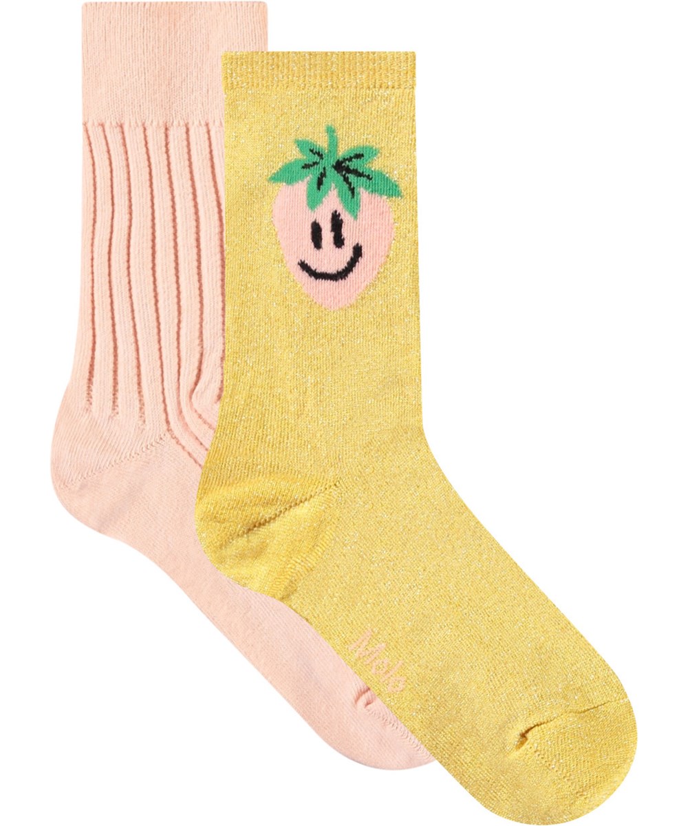 Nomi - Mimosa - 2-pack strumpor i ljusorange med ribbning och gul med glitter och jordgubbar för barn.