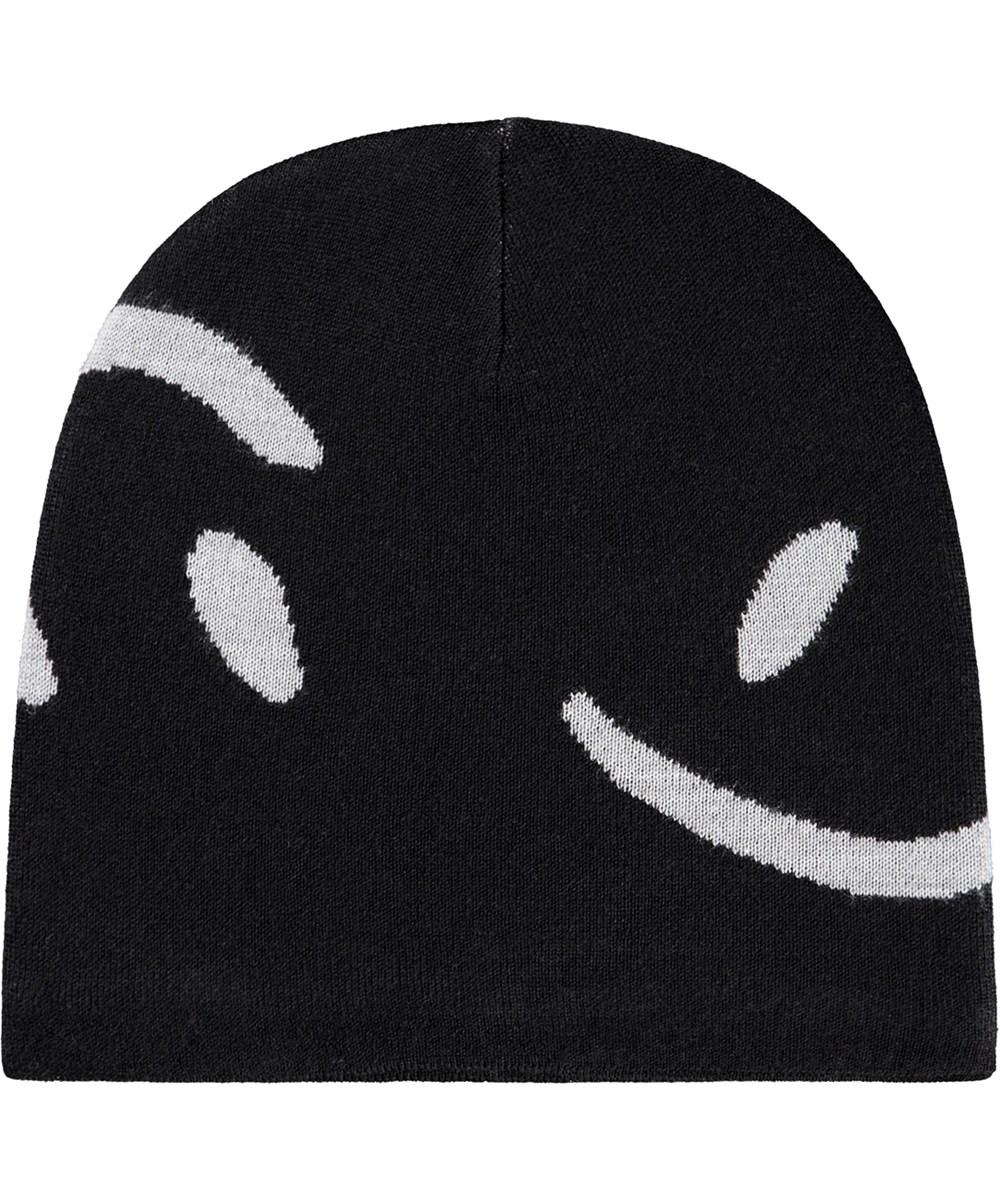 Colder - Black - Svart stickad mössa med off-white smileys för barn.