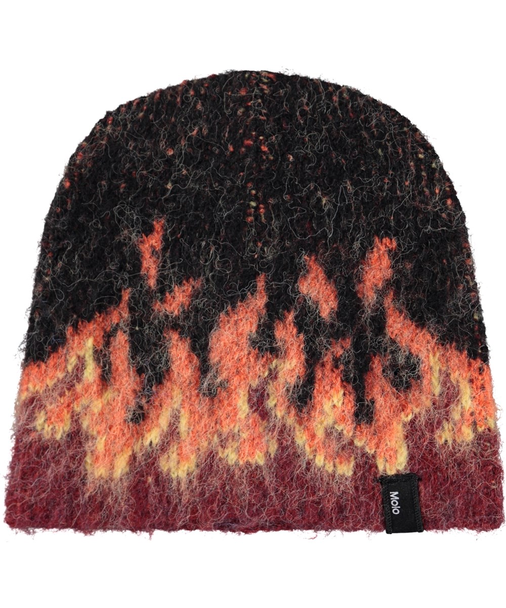 Kavan - Flames - Svart fluffig mössa för barn i en blandning av alpackaull med rött flammönster.