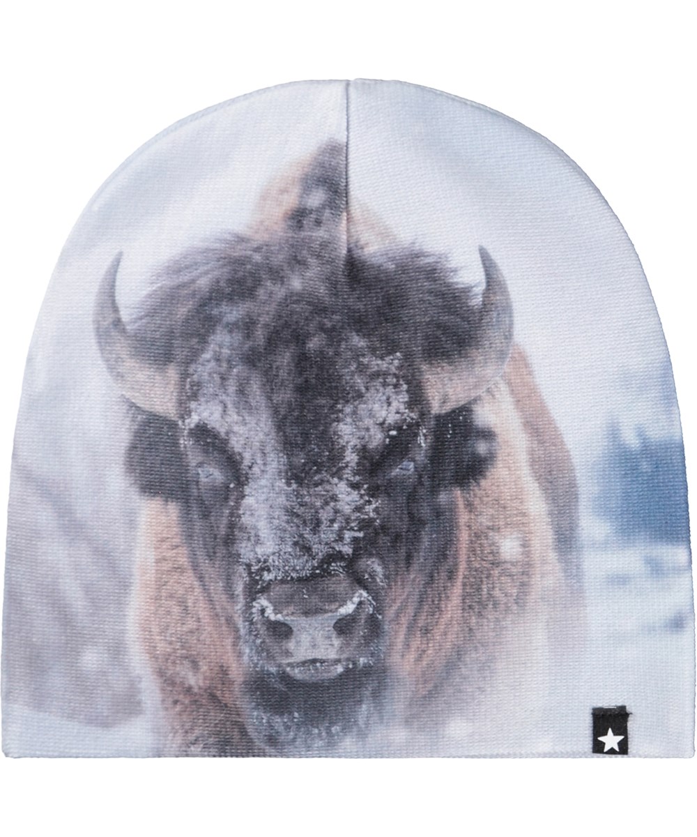 Kaya - Bison Close Up - Blått set för barn med en mössa och fingerhandskar med bisonmönster.