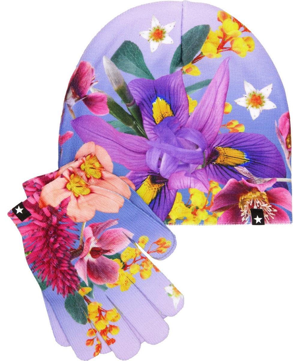 Kaya - Bouquet - Set med mössa och fingervantar med blommigt tryck för barn
