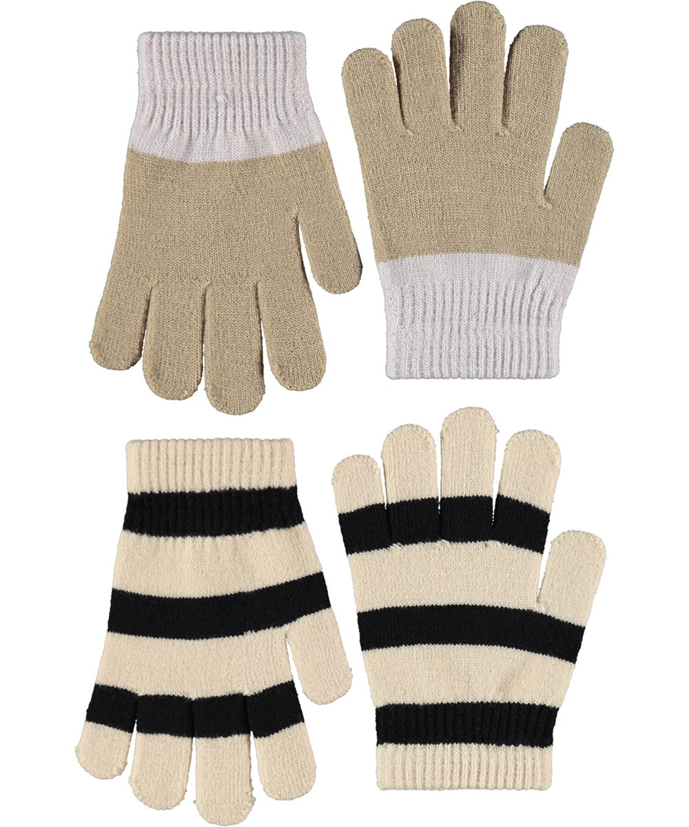 Kei - Tuffet - 2-pack stickade vantar för barn. Ett par i grått och beige och det andra i svart och krämfärgade ränder.