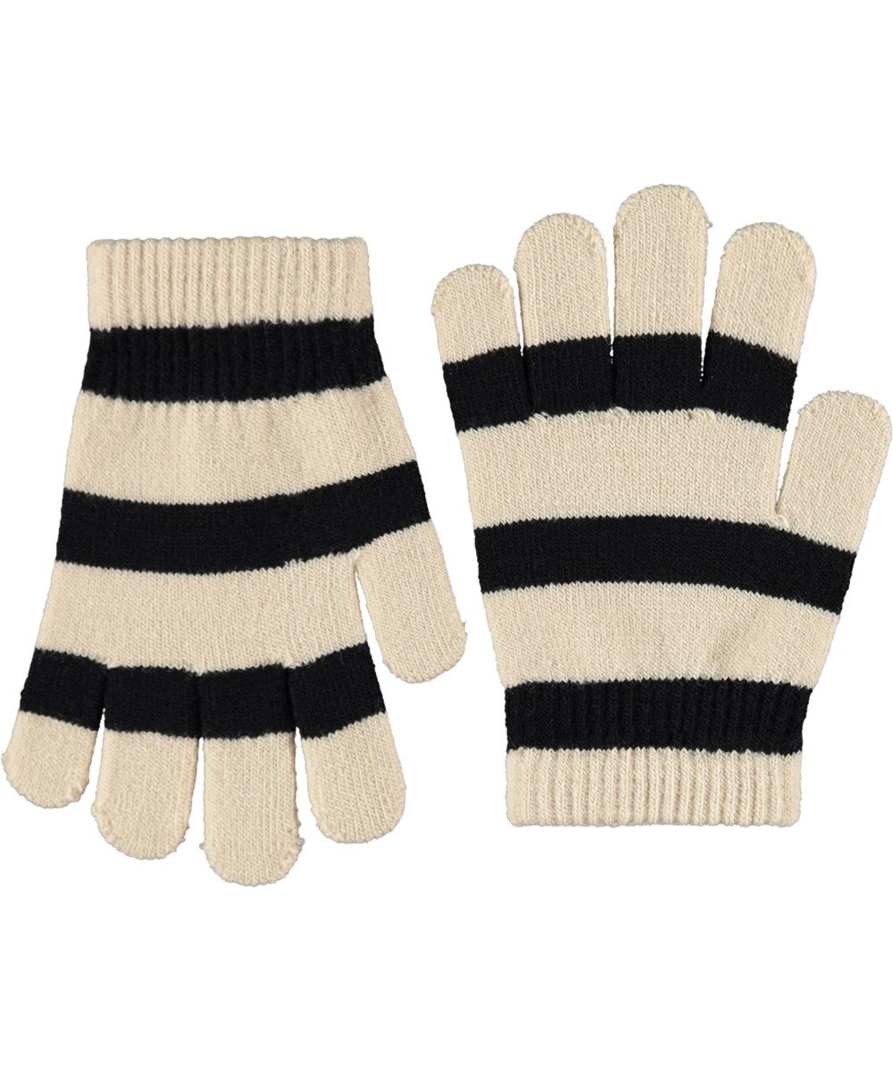 Kei - Tuffet - 2-pack stickade vantar för barn. Ett par i grått och beige och det andra i svart och krämfärgade ränder.