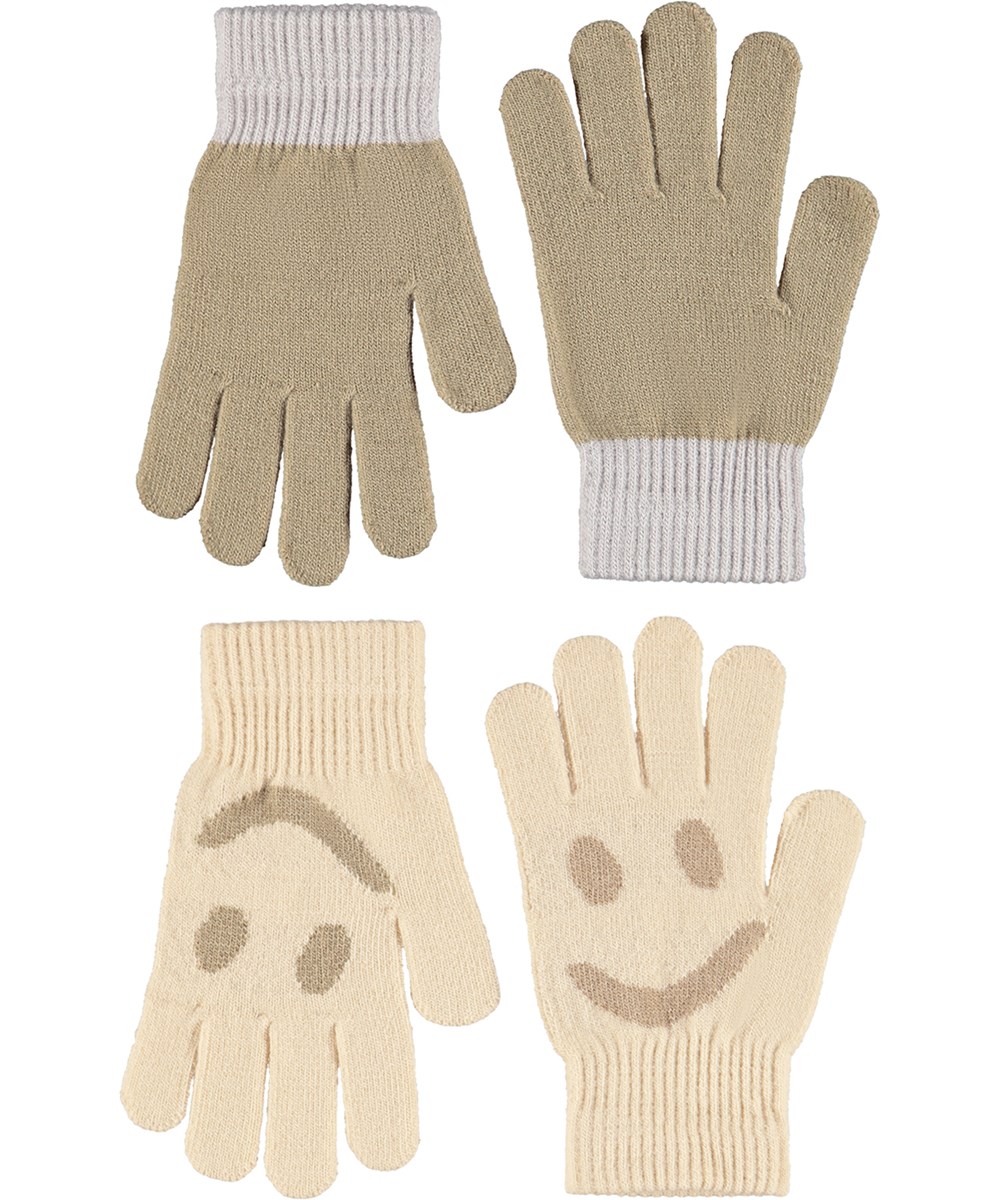 Kello - Vanilla - 2-pack stickade vantar för lite äldre barn. Ett par är grått och khaki, medan det andra är off-white med smiley.