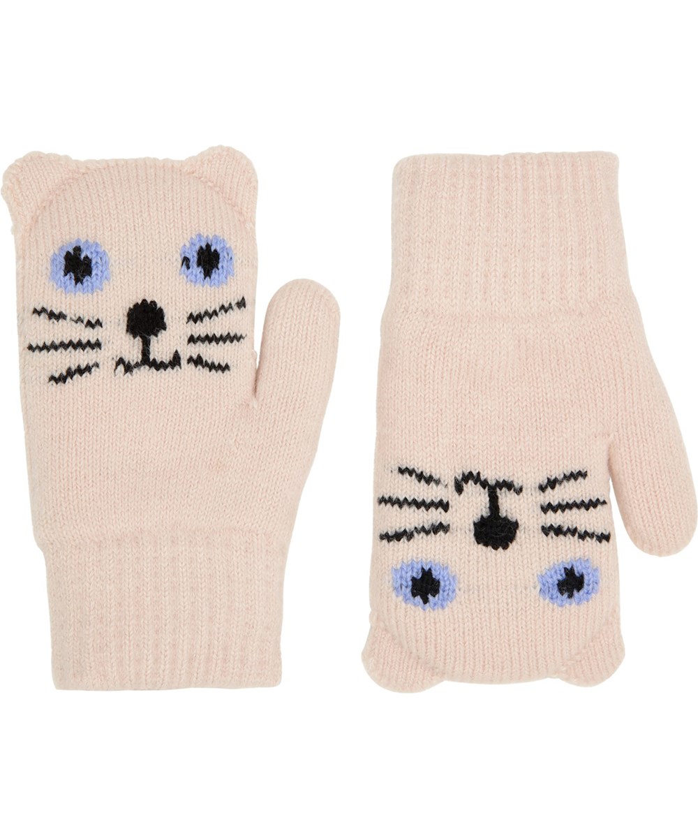 Kenau - Crystal Gray - Vita stickade vantar med ett gulligt kattansikte för baby och småbarn.
