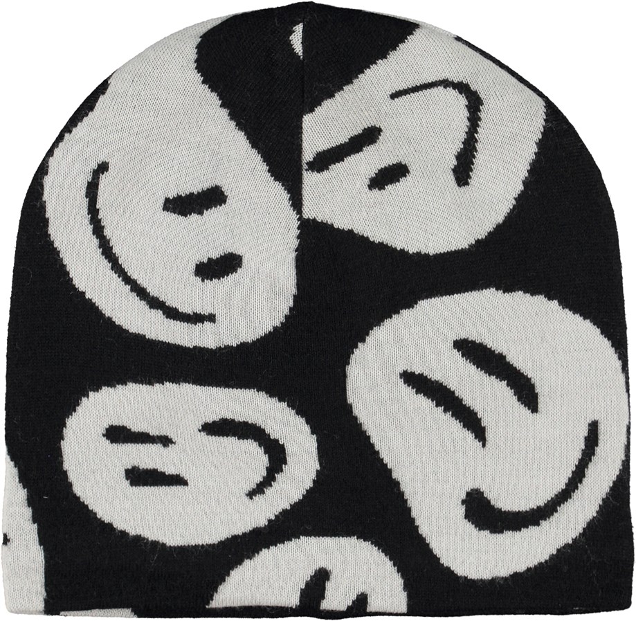 Kenzie - Swirly Black - Svart mössa i ullblandning med smiley-tryck på framsidan