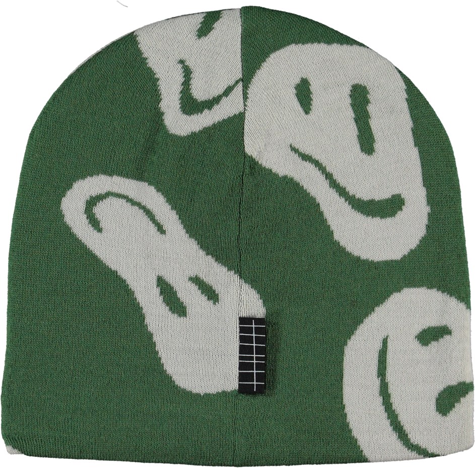 Kenzie - Swirly Green - Grön mössa i ullblandning med smiley-tryck på framsidan