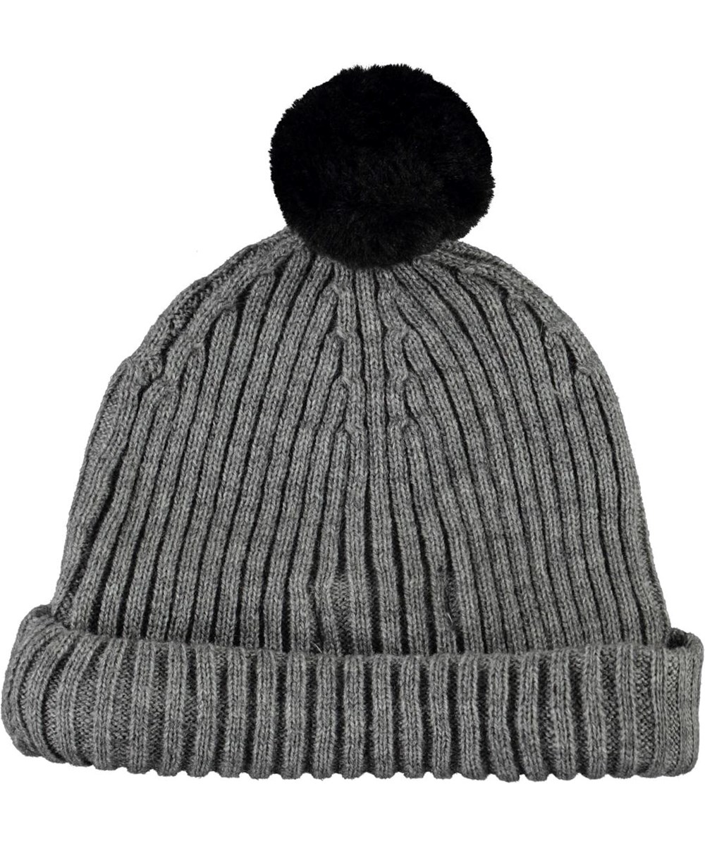 Kikki - Warm Grey Melange - Grå mössa med pälsboll.