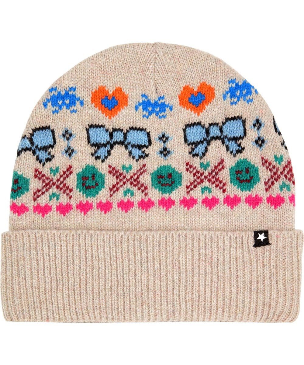 Kipp - Pixel Bows - Beige stickad mössa för barn i en mjuk ullblandning.