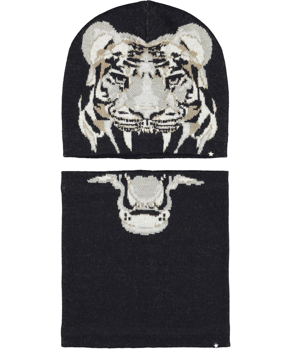 Kleo - Galaxy Blue - Mörkblå mössa och halstub med tigermotiv.