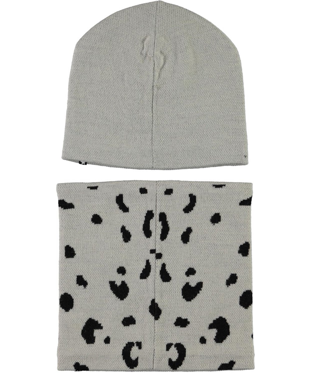 Kleo - Warm Grey Melange - Mössa och halskrage med snöleopardmönster.