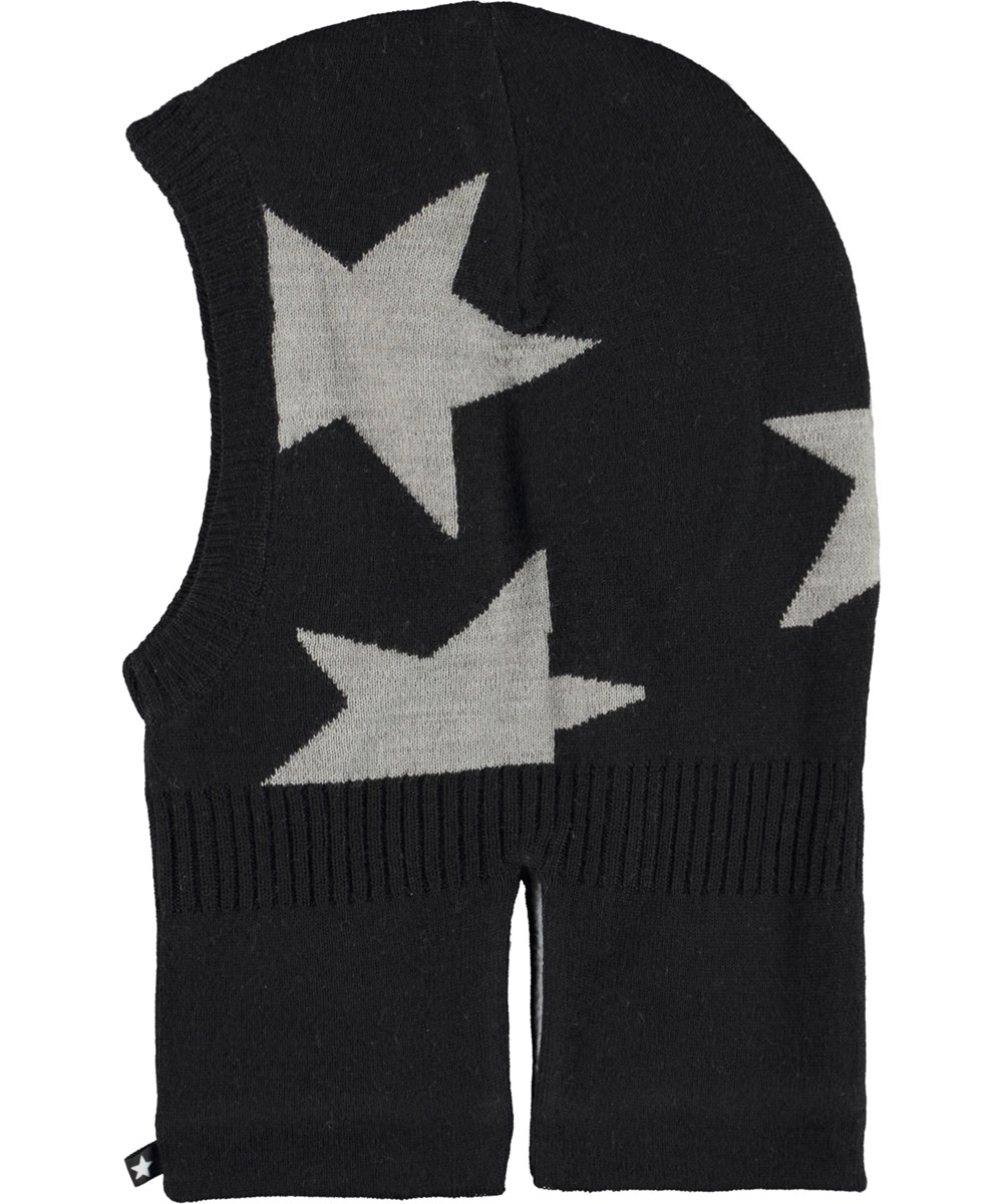 Snow - Black - Svart balaclava i ullmix med stjärnor.
