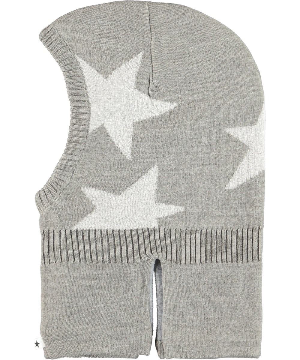Snow - Grey Melange - Gra balaclava i ullmix med stjärnor.