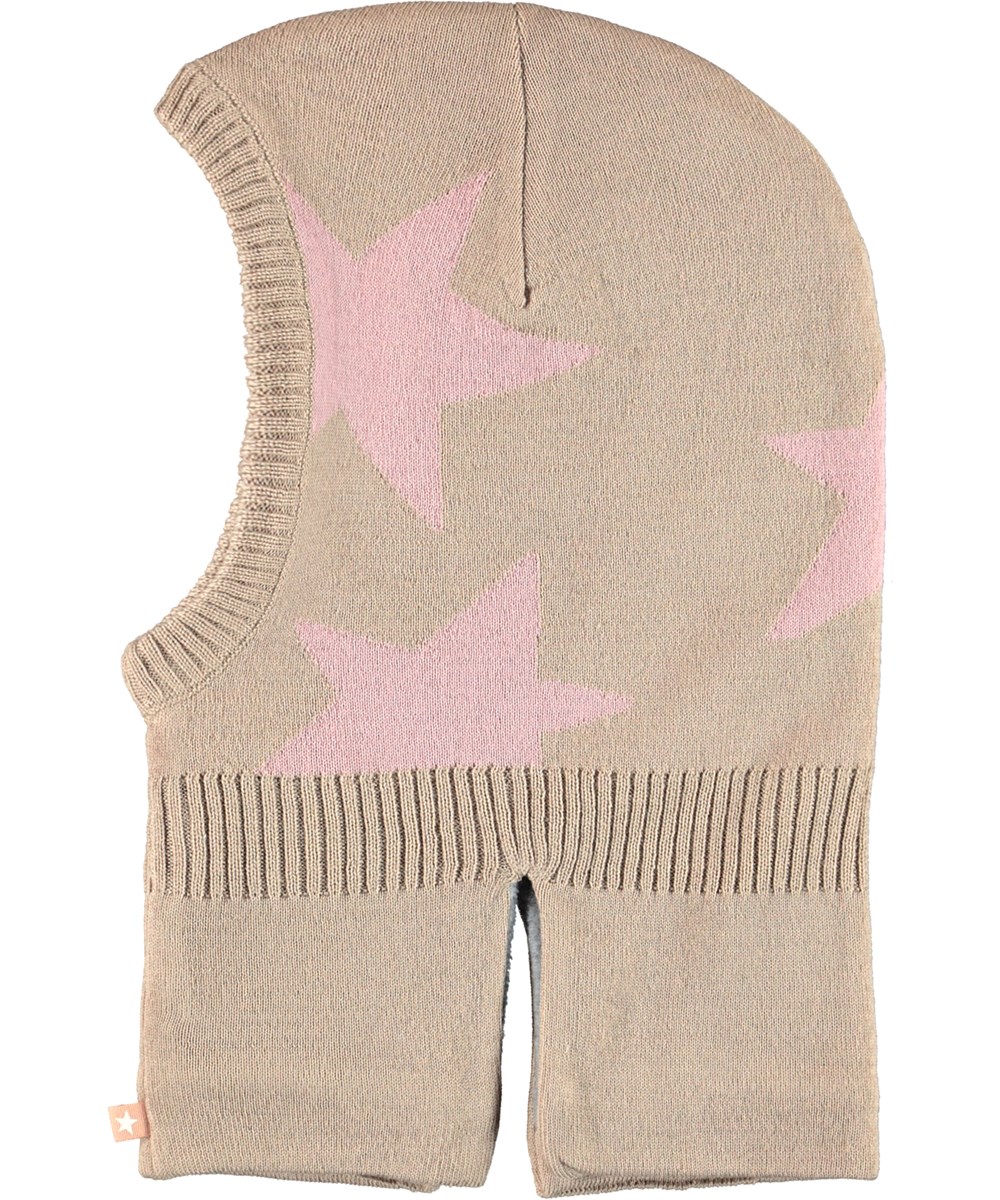 Snow - Powder Rose - Bege och rosa balaclava i ullmix med stjärnor.