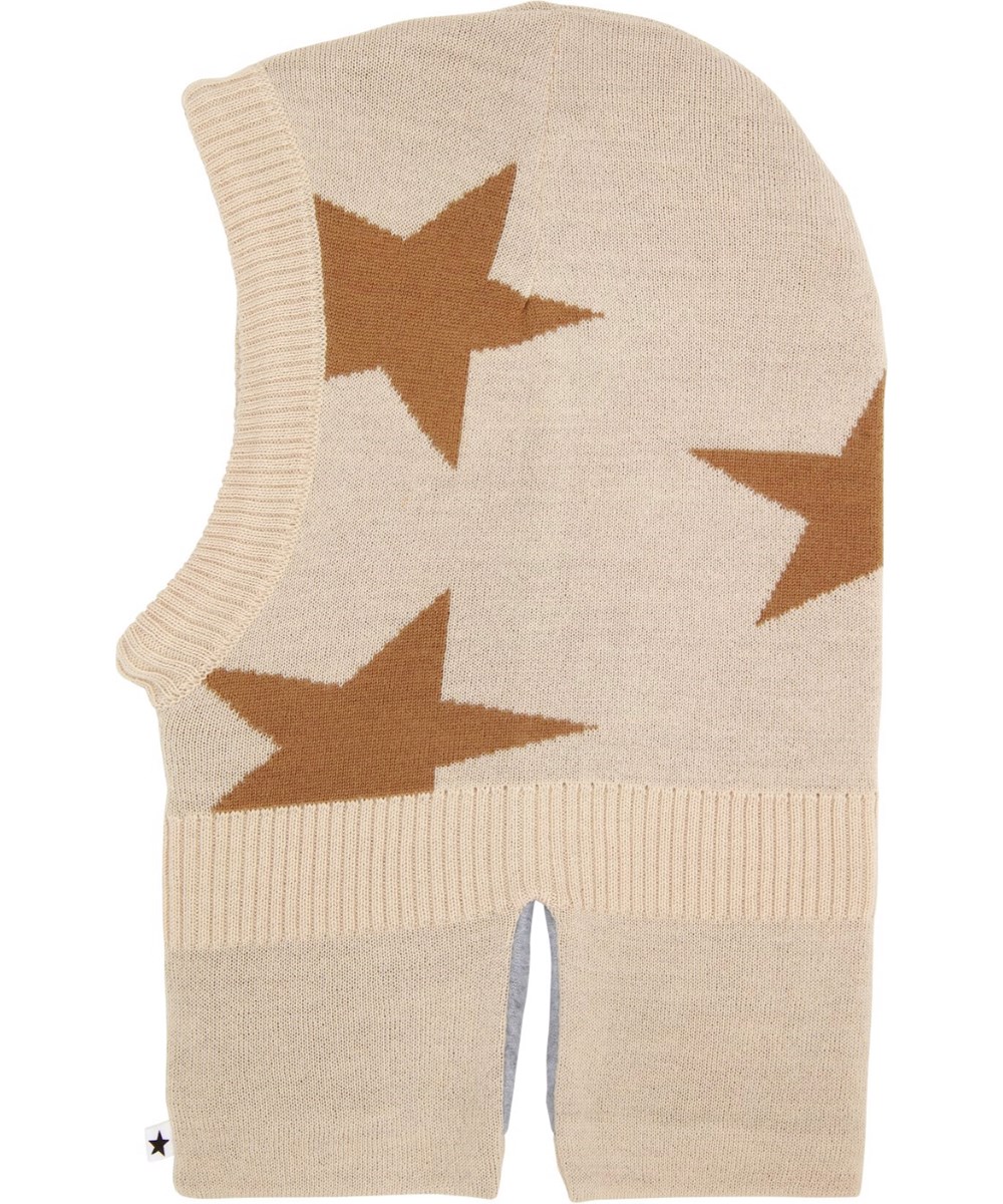 Snow - Crystal Gray - Off-white balaklava med bruna stjärnor i en mjuk ullblandning med fleecefoder.