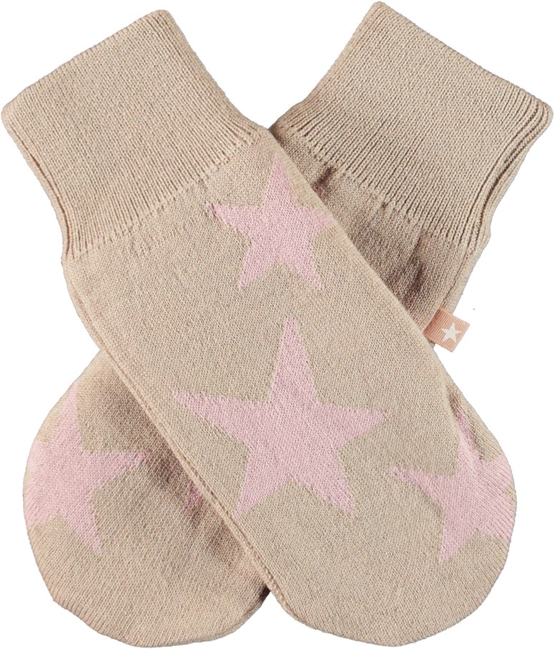 Snowfall - Powder Rose - Stickade vantar i beige med rosa stjärnor.