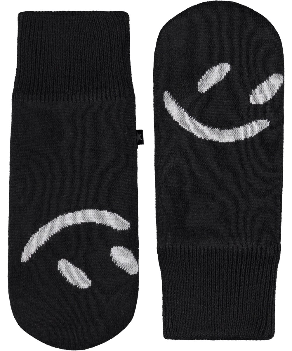 Snowfall - Black - Svarta vantar med en vit smiley ansikte för barn.
