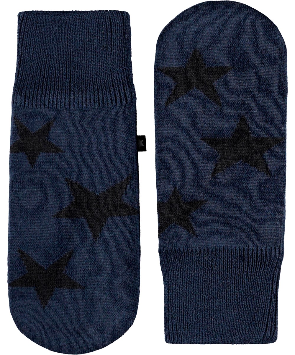 Snowfall - Night Navy - Mörkblå stickade vantar med svarta stjärnor för barn.