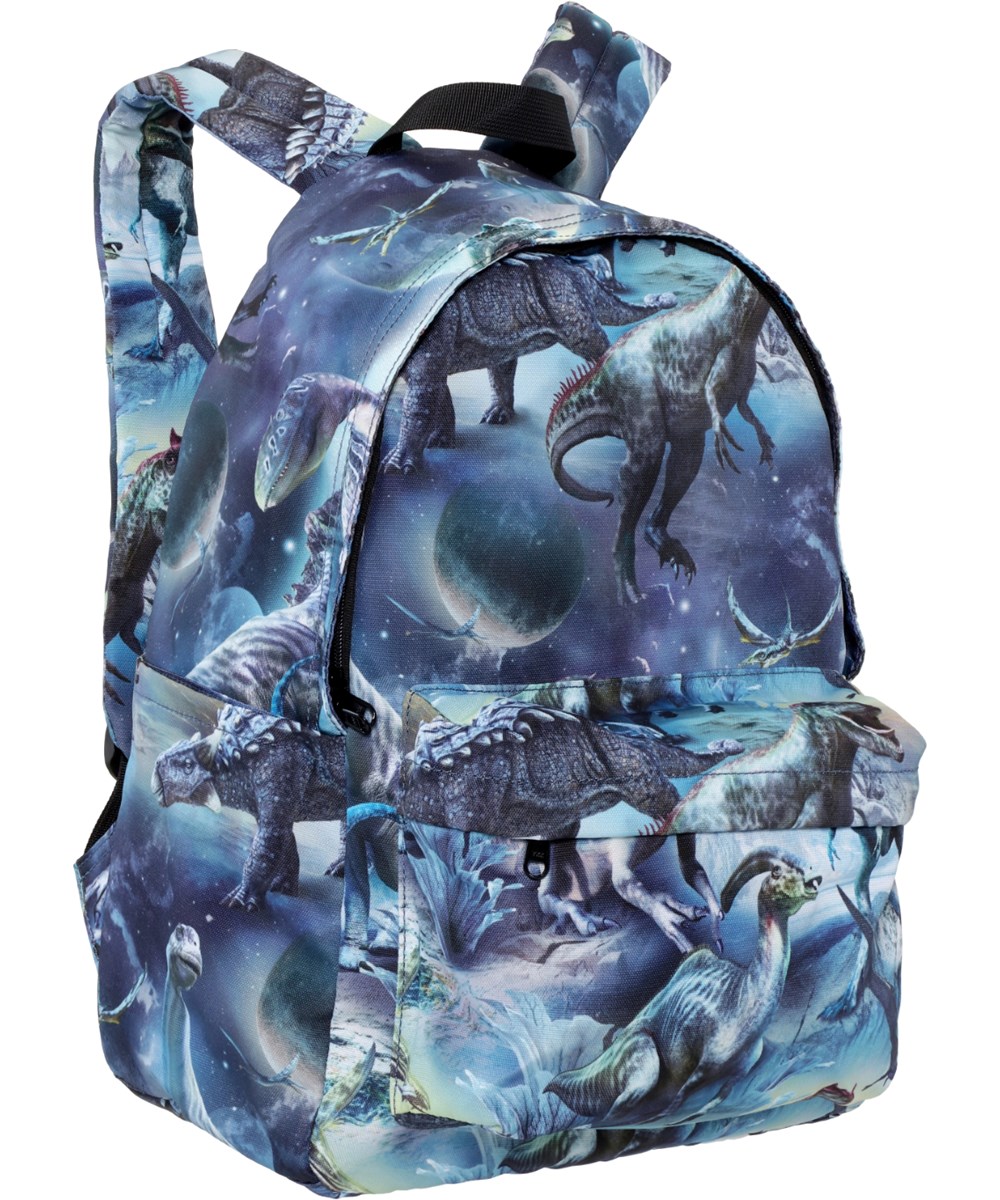 Backpack Mio - Dinoverse - Rymlig blå ryggsäck med dinosaurie tryck, laptopfack och flaskfickor.