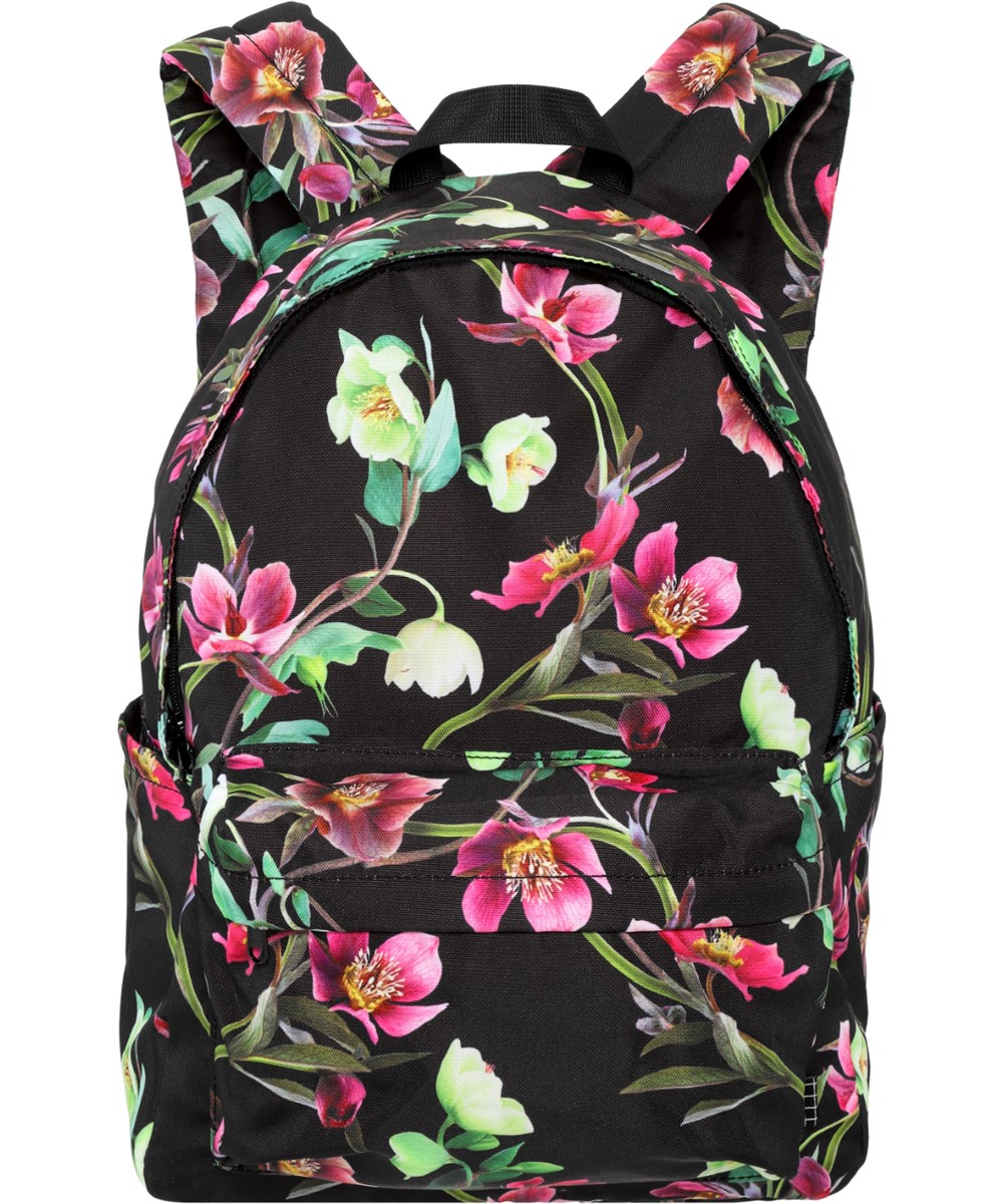 Backpack Mio - Hellebore Black - Rymlig svart ryggsäck med blommönster.
