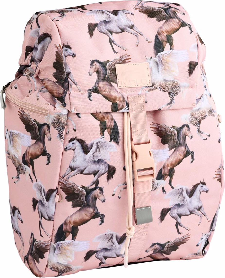 Backpack School - Pegasus - Rosa skolväska med tryck av flygande pegasus i slitstark polyester med vattenavvisande yta