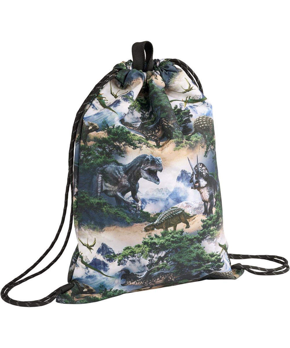 Gym Bag - Mountain Dino - Grön-grå gymväska med tryck av dinosaurielandskap tillverkad i slitstark polyester med vattenavvisande egenskaper