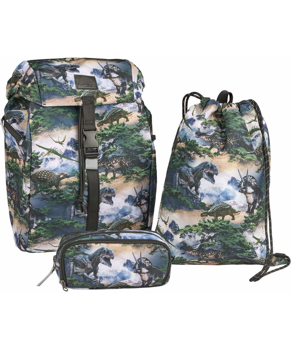 Gym Bag - Mountain Dino - Grön-grå gymväska med tryck av dinosaurielandskap tillverkad i slitstark polyester med vattenavvisande egenskaper