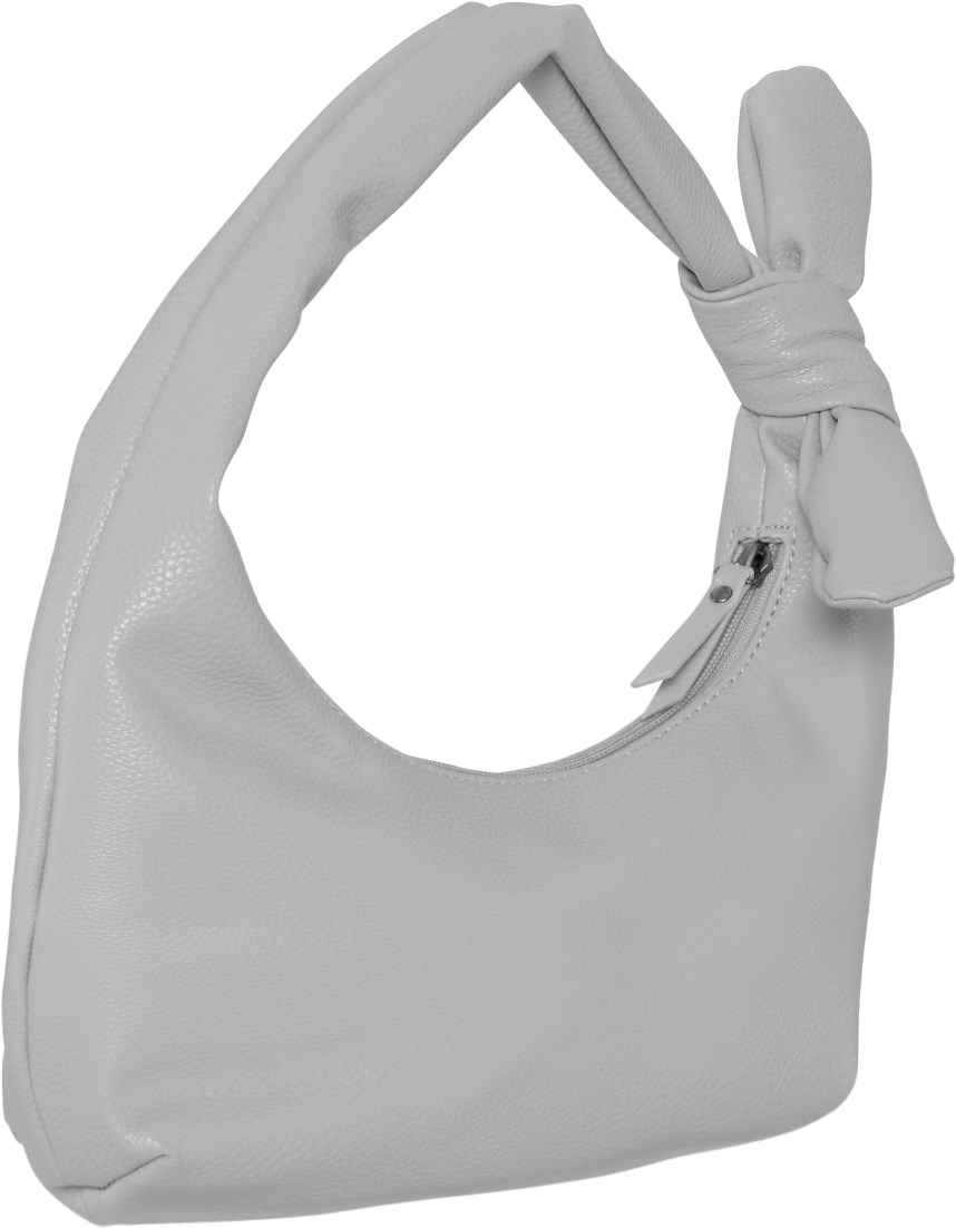 Lupe Bag - Fragile Grey - Grå böjd handväska med rosdetalj och dragkedjestängning.