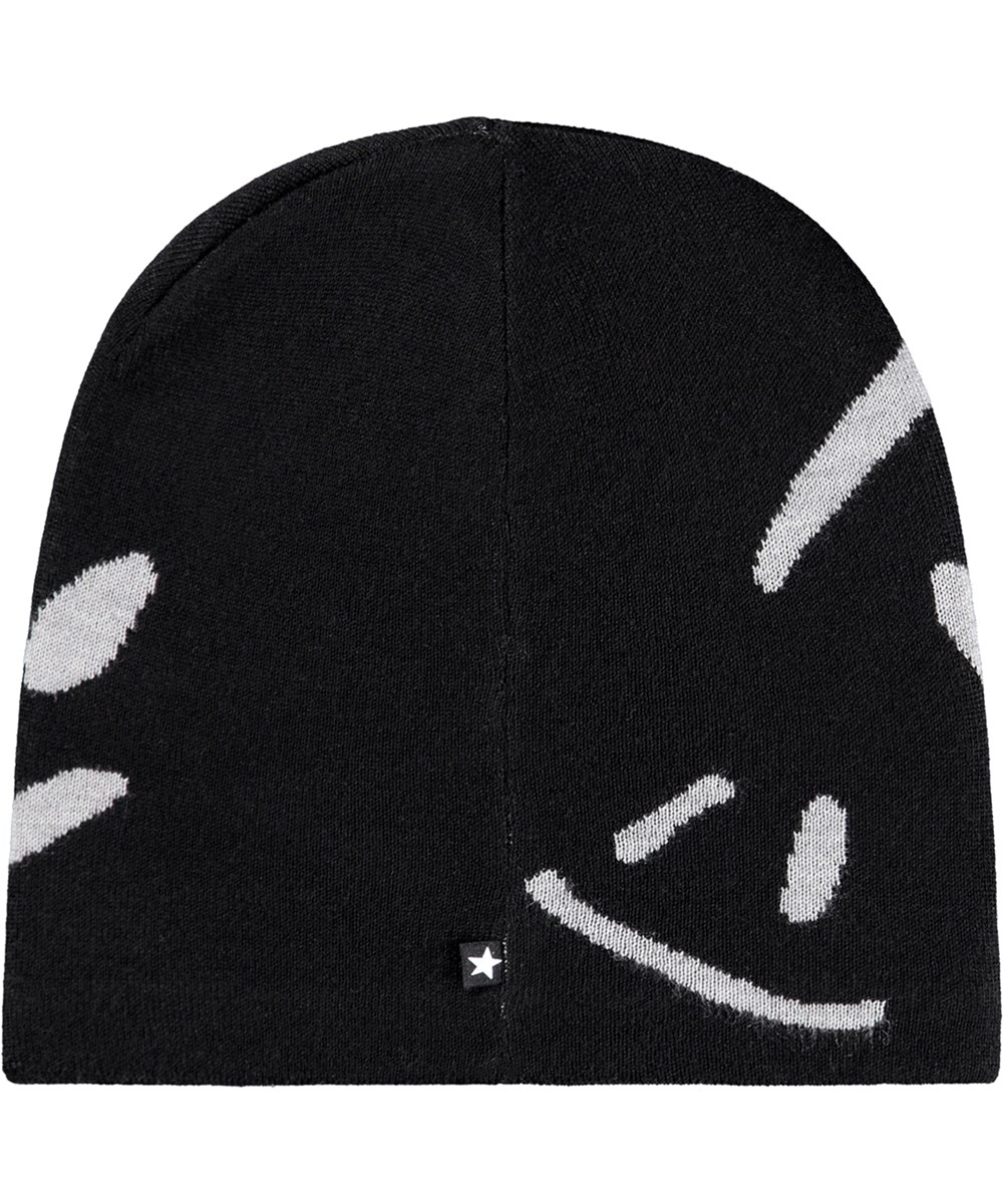 Colder - Black - Zwarte gebreide kindermuts met off-white lachende gezichten.