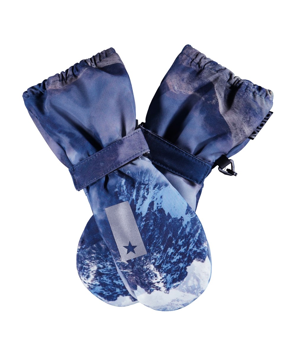 Igor - Snowy Mountains - Blauwe waterdichte en ademende kinderwanten met bergprint en 3M™ Thinsulate™ isolatie.