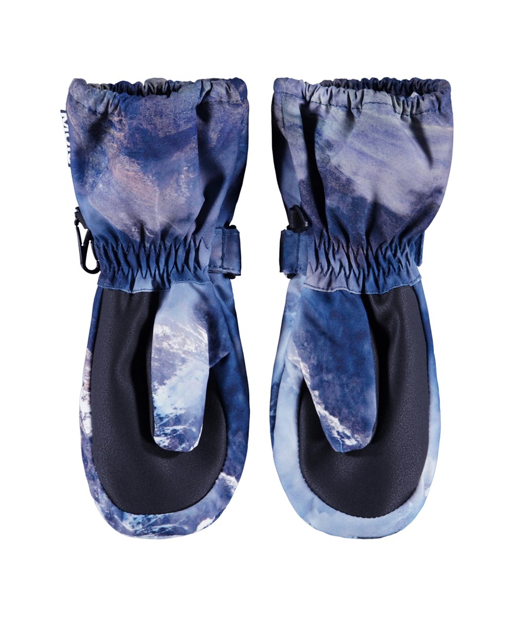 Igor - Snowy Mountains - Blauwe waterdichte en ademende kinderwanten met bergprint en 3M™ Thinsulate™ isolatie.