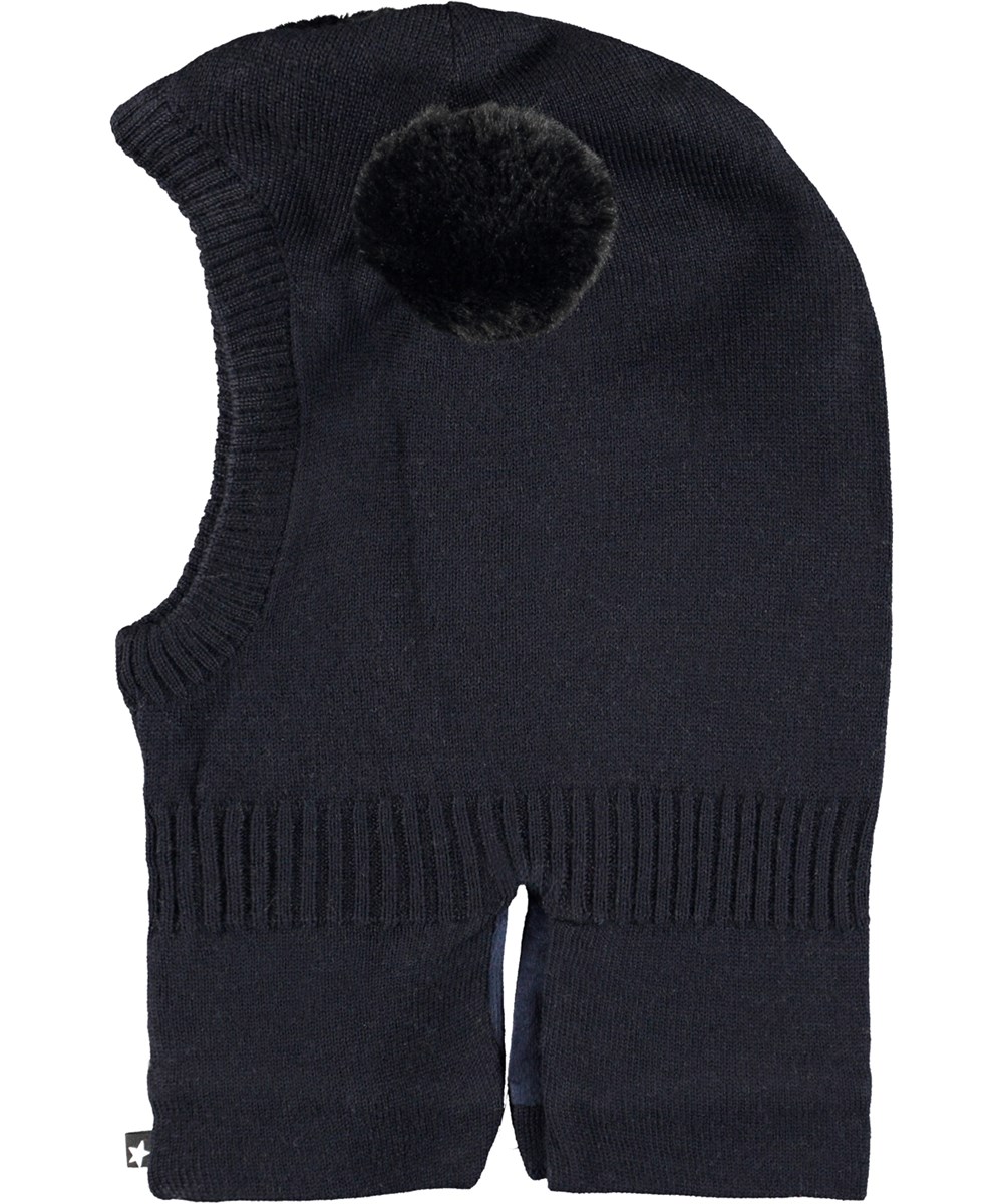 Kado - Galaxy Blue - Donkerblauwe wollen gebreide bivakmuts met pompom van bont