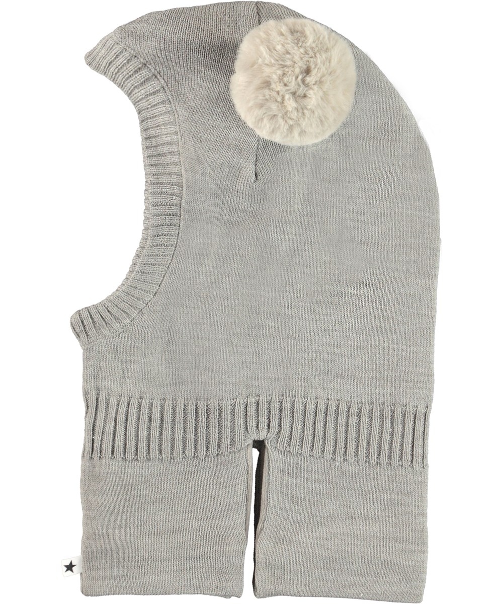 Kado - Grey Melange - Grijze wollen gebreide bivakmuts met pompom van bont
