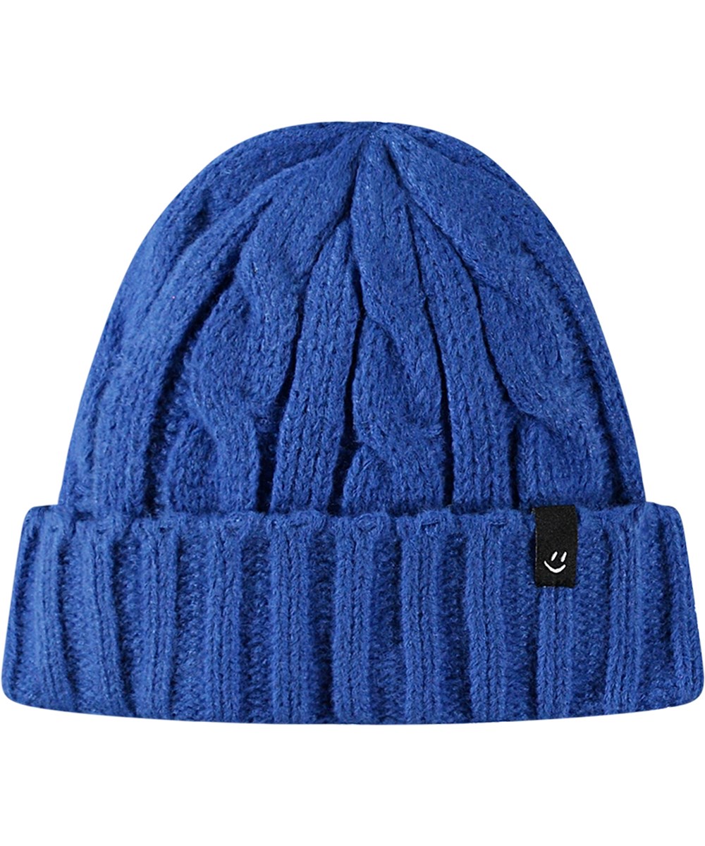 Kaisha - Lapis Blue - Blauwe kabelgebreide muts met omslag.
