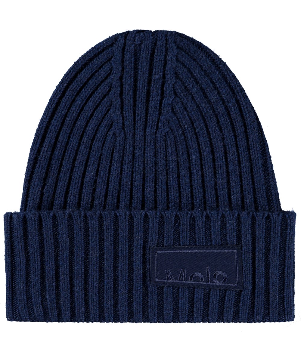 Karli - Night Navy - Donkerblauwe gebreide kindermuts in rib  met omslag.