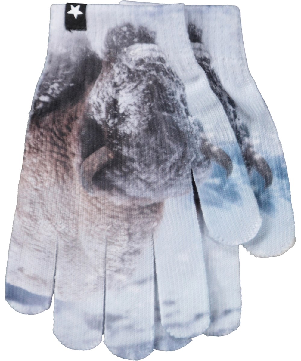 Kaya - Bison Close Up - Blauwe set voor kinderen met een muts en handschoenen met een bizondruk.