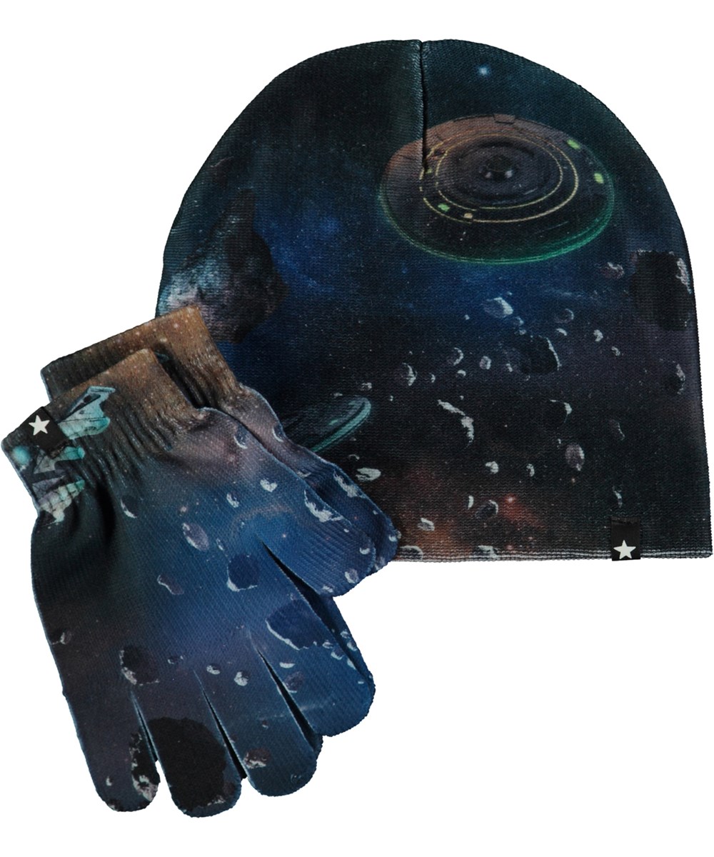 Kaya - Ufo - Muts en vingerhandschoenen in blauw met ufo-print