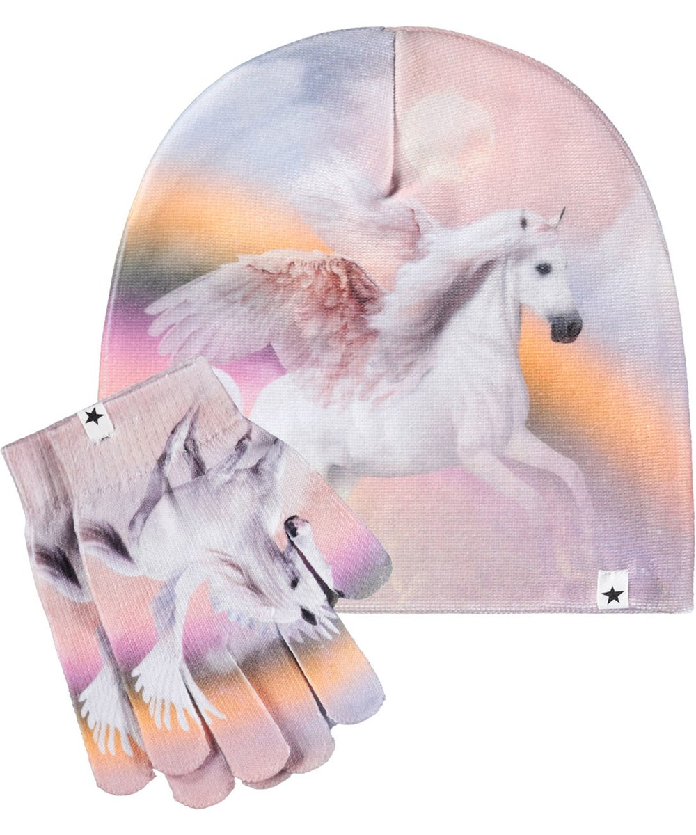 Kaya - Utopia World - Veelkleurige set voor kinderen met een muts en handschoenen met een eenhoorn- en regenboogprint.