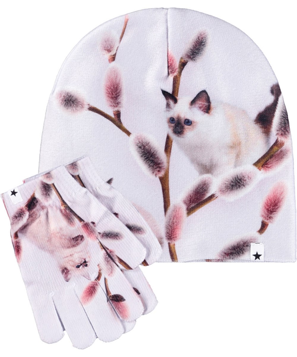 Kaya - Willow Cat - Lichtgrijze set voor kinderen met een muts en handschoenen met een print van katten en takken.