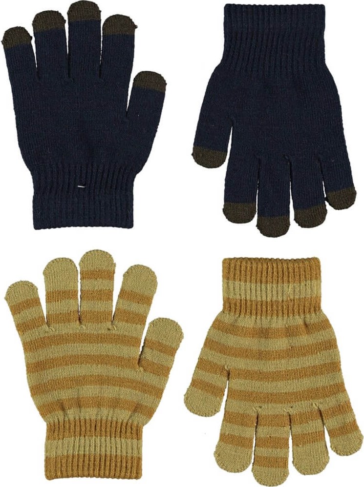 Kei - Galaxy Blue - Twee paar gestreepte, gebreide handschoenen in geel en blauw