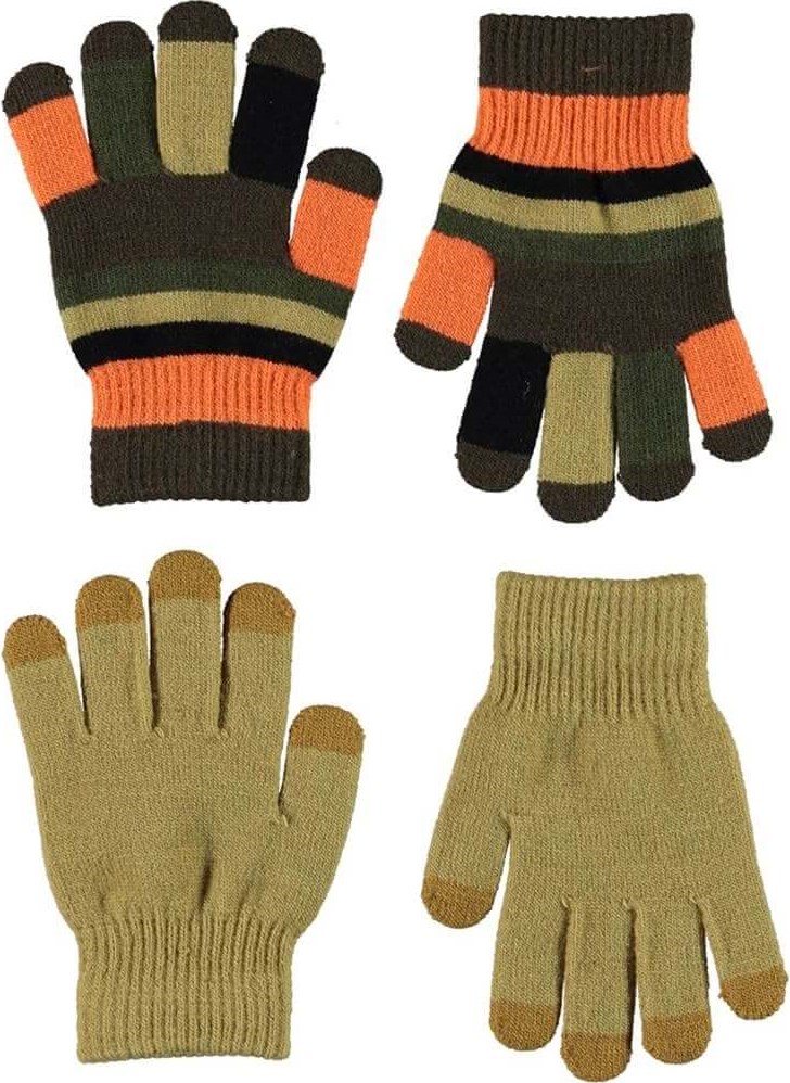 Kei - Khaki - Twee paar gestreepte, gebreide handschoenen in geel