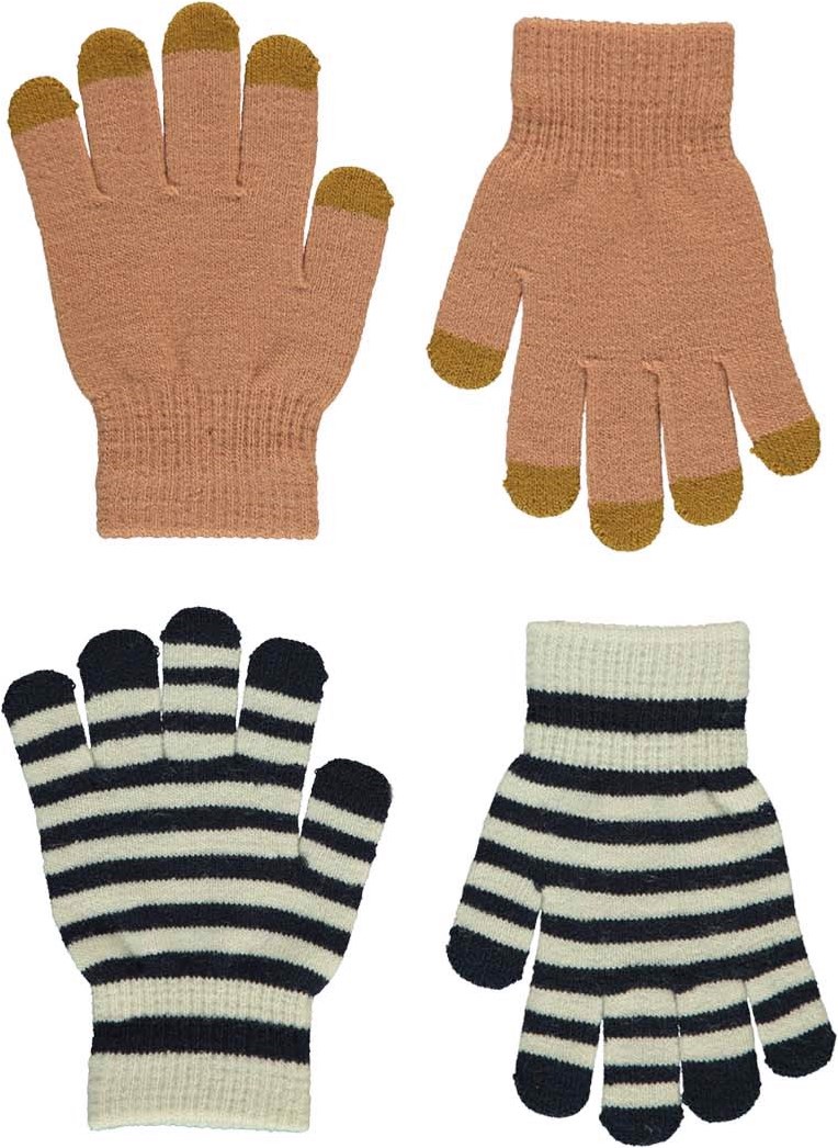 Kei - Rose Mist - Twee paar gestreepte, gebreide handschoenen in donkerblauw en wit