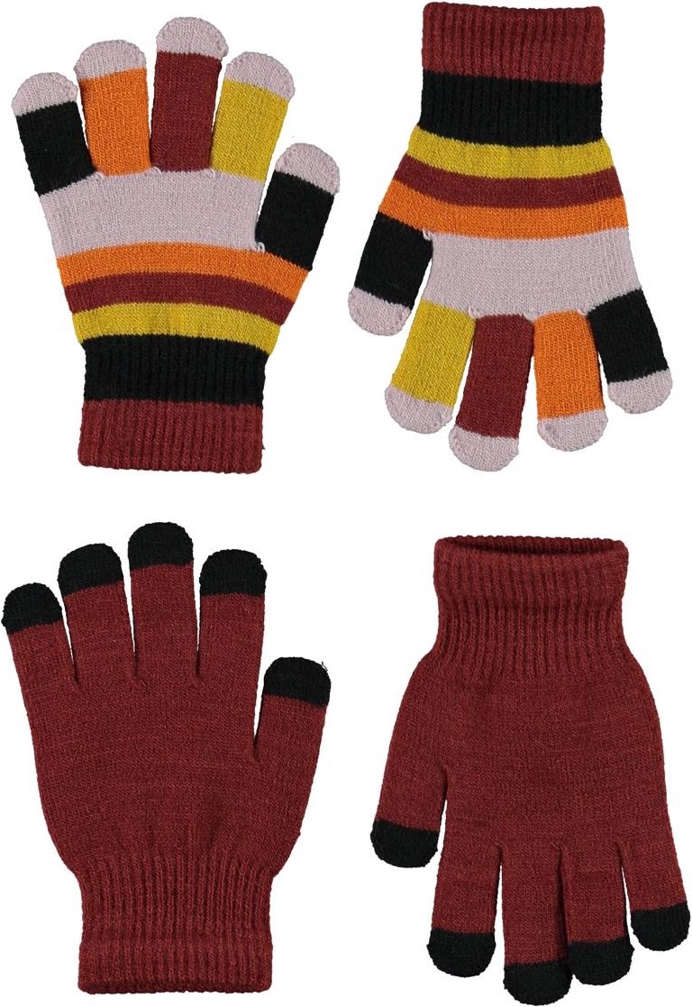 Kei - Rosewood - 2 Paar gebreide handschoenen in donkerrood en gestreept