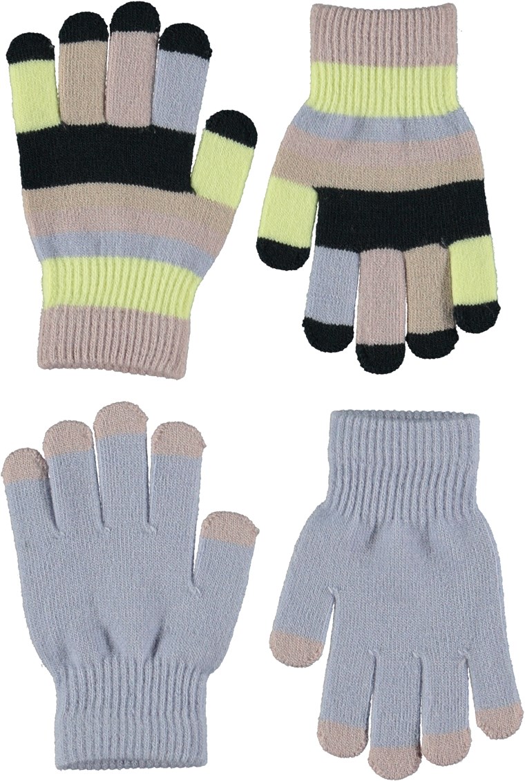 Kei - Berry Ice - Twee paar blauwe gebreide handschoenen met strepen