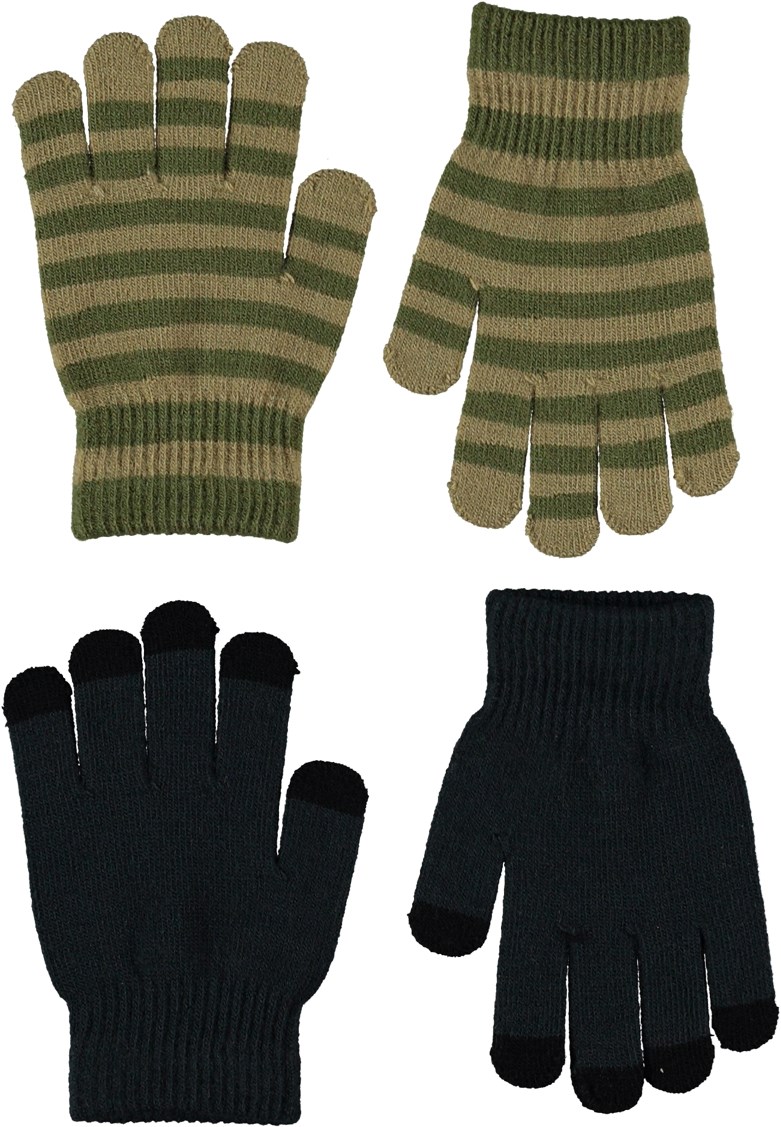 Kei - Night Navy - Twee paar gebreide handschoenen in donkerblauw en groene strepen