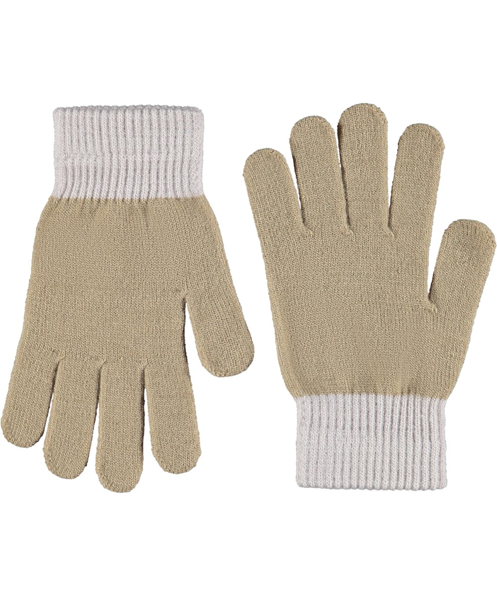 Kello - Vanilla - Duo pak gebreide handschoenen voor iets oudere kinderen. Het ene paar is grijs en khaki en  het andere paar is gebroken wit met een lachend gezicht.