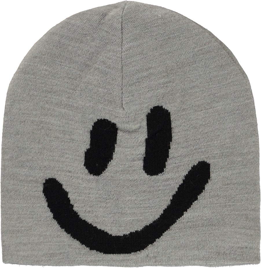 Kenzie - Grey Melange - Grijze wollen muts met smiley op de voorkant